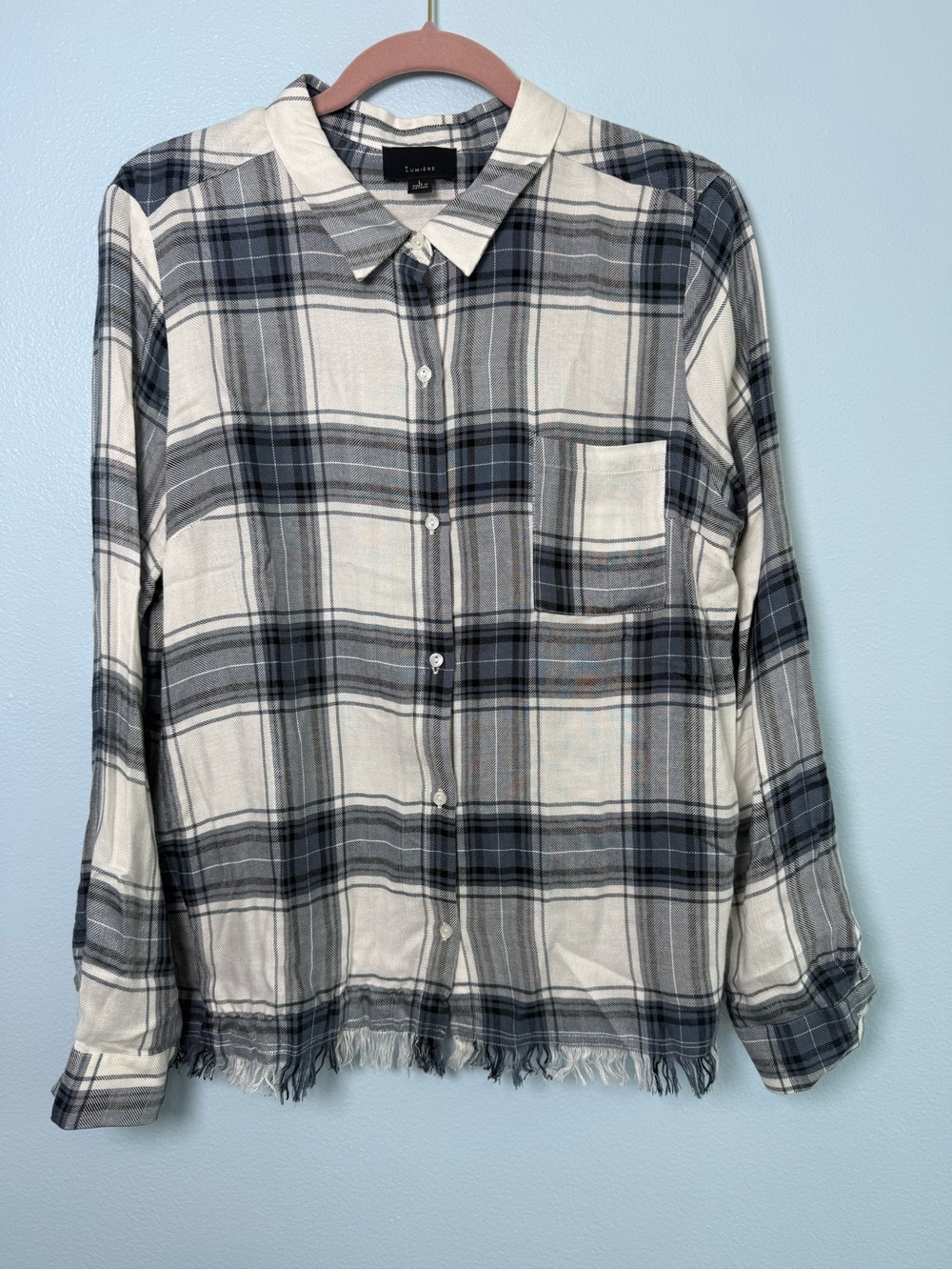 Lumiere Blue & White Plaid Button-Down Shirt with fringe